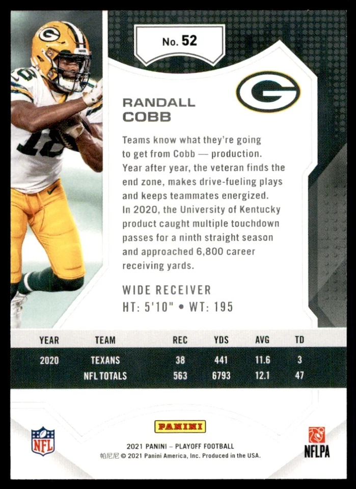 2021 PANINI PLAYOFF RANDALL COBB GREEN BAY PACKERS #52 - Image 2 of 2