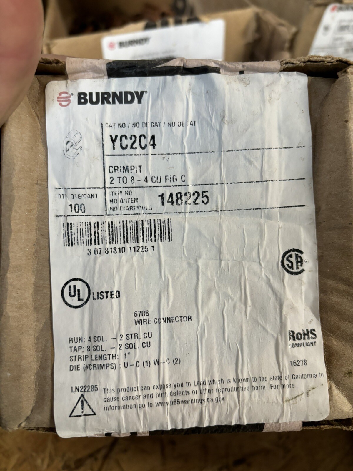 (1) Burndy yc2c4 Copper C-shape Connector