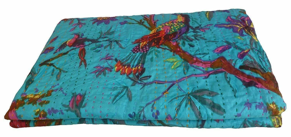 Colcha doble vintage edredón cama corredor Kantha floral algodón hippie manta Foto 3 de 4