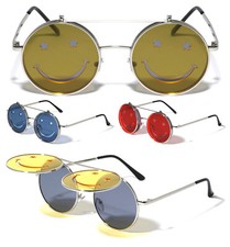 SMILEY HAPPY FACE ROUND FLIP UP SUNGLASSES CIRCLE LENS RETRO DESIGNER FASHION