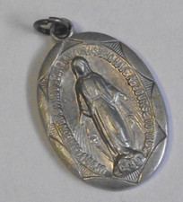 Vtg aluminum ornate oval medal Miraculous Virgin Mary crushing the snake