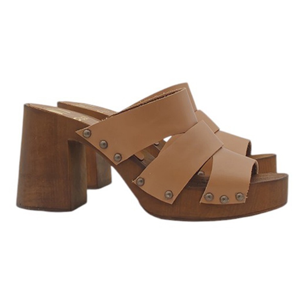 Zuecos Mujer Cómodo Con Bandas de Piel Talón 9cm - Made IN Italy- MY243 CAMEL