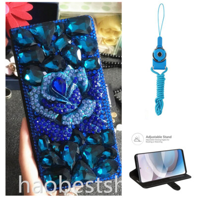 Blue Rose Bling Diamonds Stand Leather Wallet Women Phone Case With 2 Lanyards