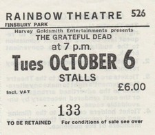 GRATEFUL DEAD TICKET 10-06-1981 RAINBOW THEATRE JERRY GARCIA BOB WEIR PHIL LESH