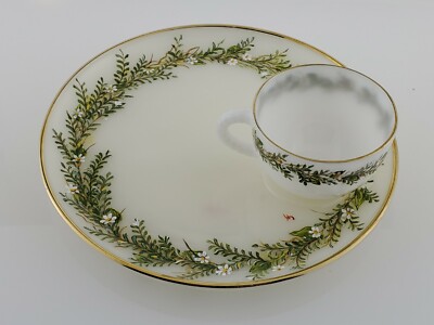 Vintage Milk Glass Luncheon Snack Tray Plate and Cup Hand Painted White Flowers