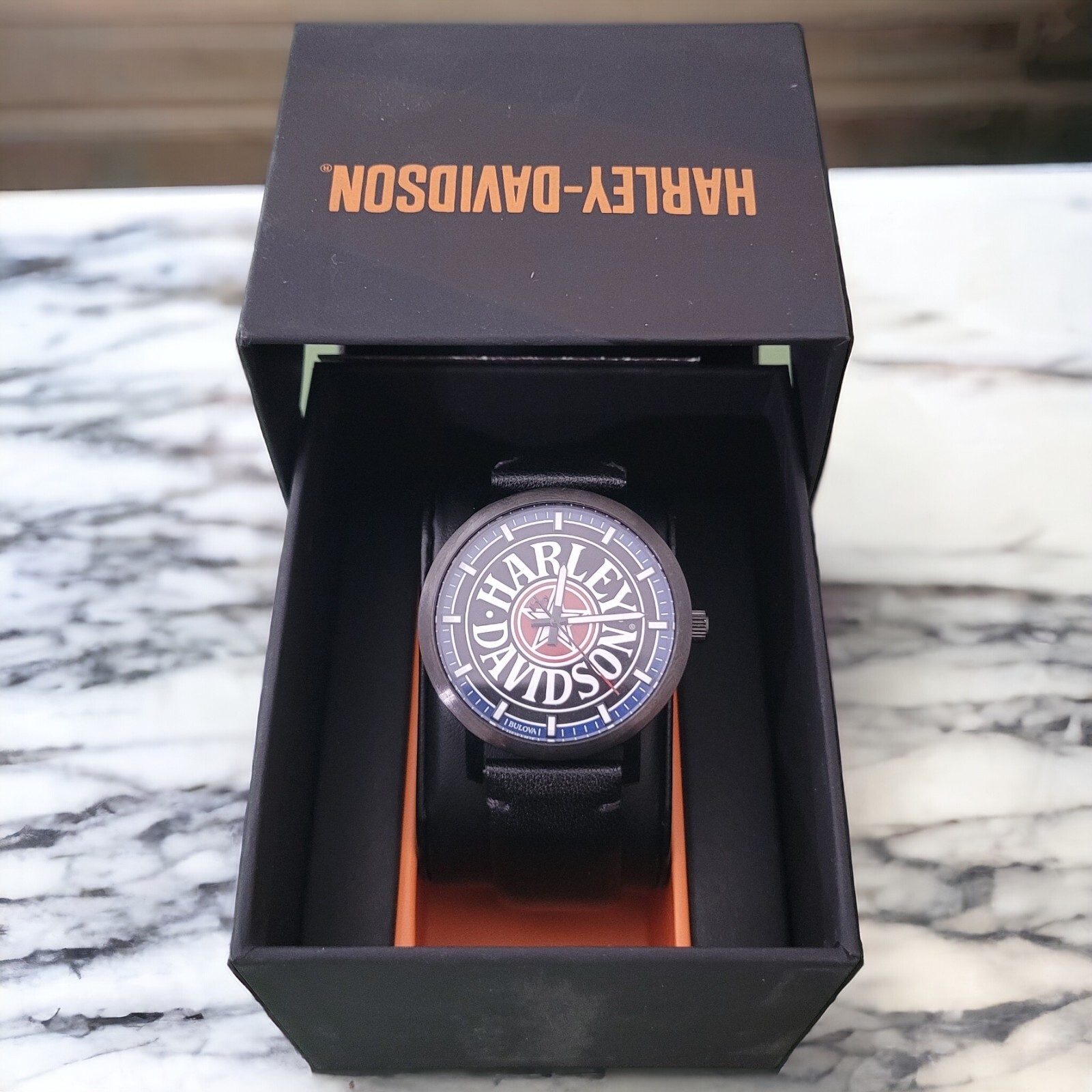 Harley Davidson Bulova Watch Fat Boy 40mm Mens Black Leather Band