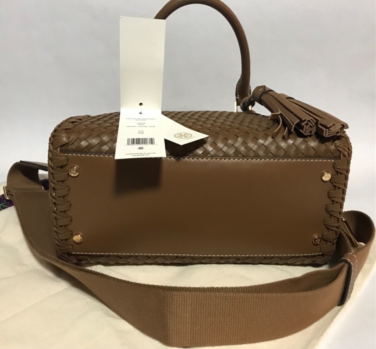 ショルダーバッグ・ポシェット Tory Burch Thea Woven Satchel 163545 NWT Tory Burch Thea Woven Web Small Satchel, Moose/Moose