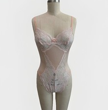 Vintage 80s Olga Pink Lace Teddy Bodysuit Cutout Lingerie Medium