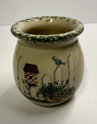 Vintage 3.5  Marshall Pottery Birdhouse Fence Crock Pot Signed Sponge Edge