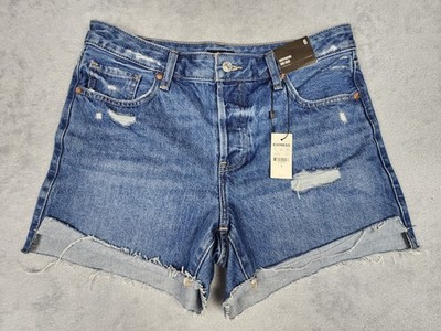 Express Boyfriend Midi Shorts Womens 6 Blue Denim Frayed Hem Distressed Mid Rise