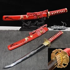 High End Japanese Samurai Mini Katana Red Sword T10 Steel Clay Tempered Tanto