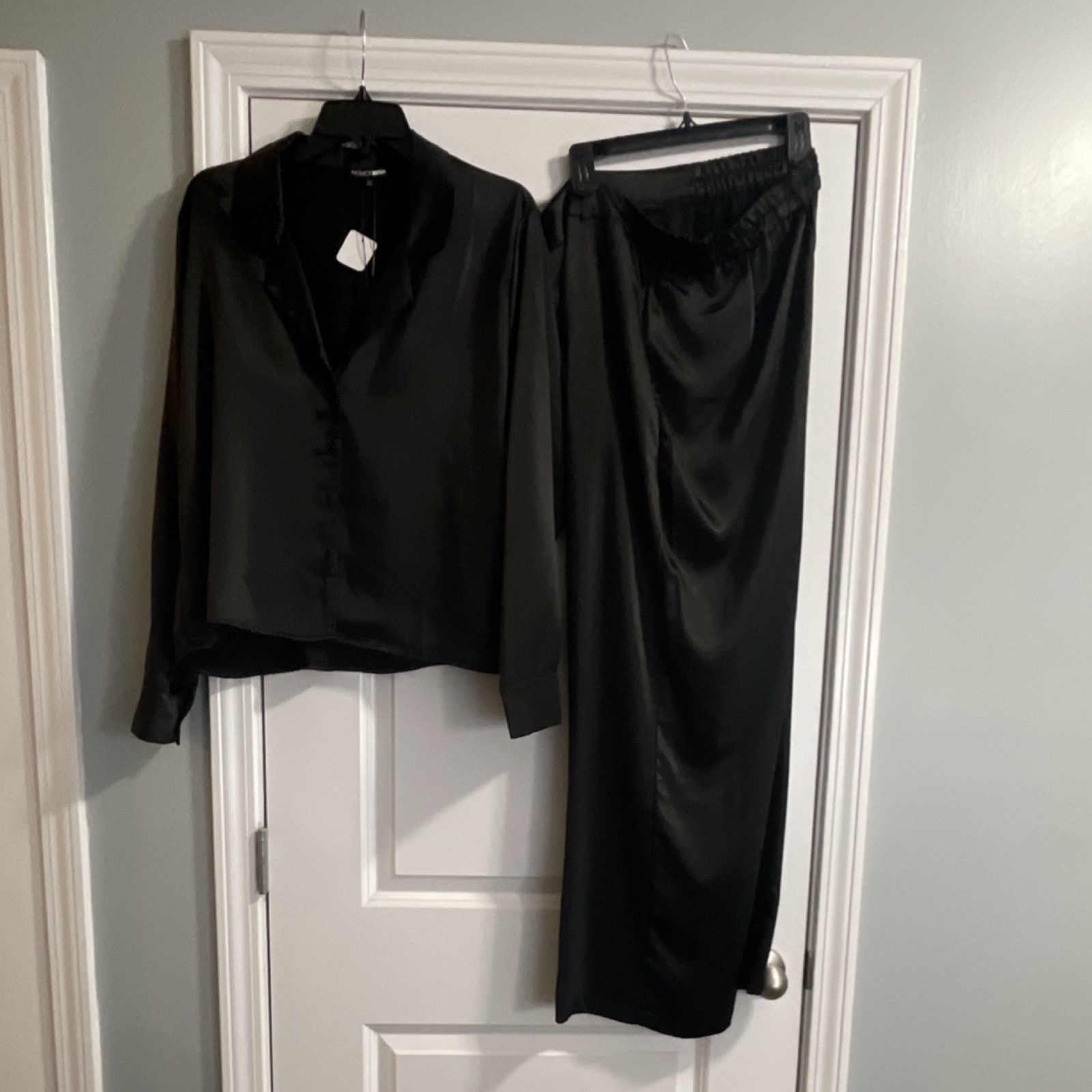 Fashion Nova Satin Pajama Pant Set Black Plus Size 1X Women's Long Sleeve
