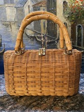 VTG Wicker Rattan Bamboo Handle Handbag Structured Box Purse Top Handle Retro
