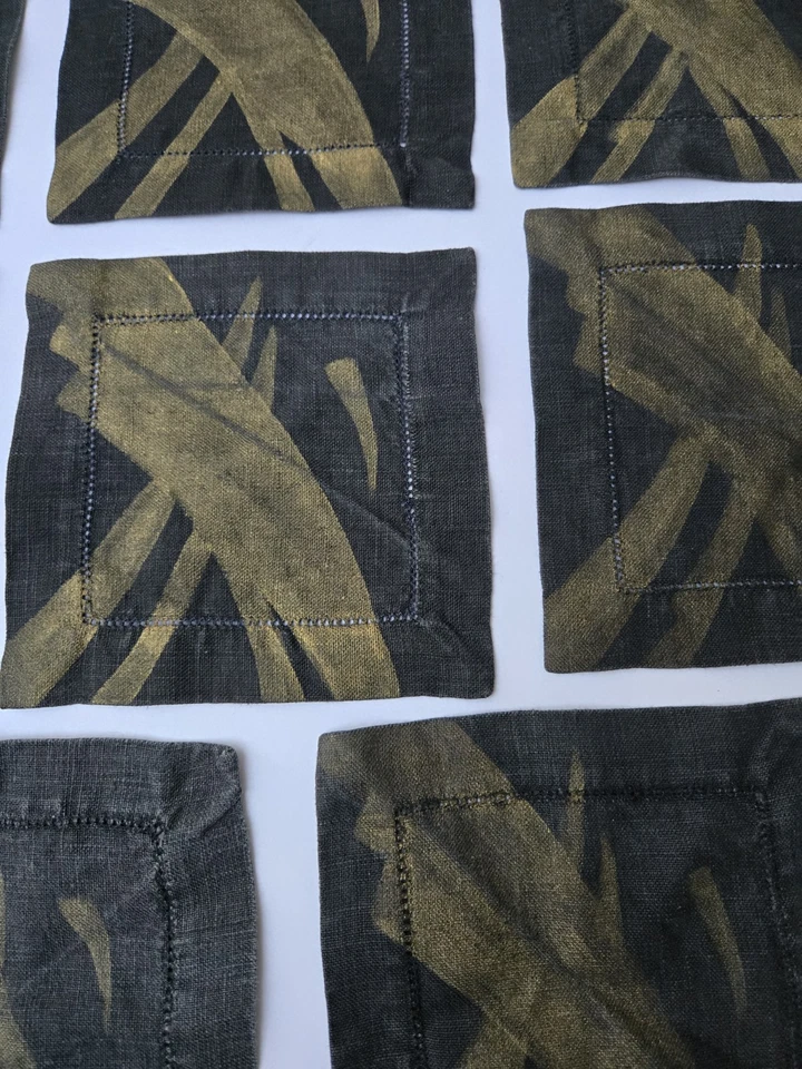 Set of 11 Black & Gold Abstract Square Linen Blend Cocktail Napkins 6" - Image 2 of 4