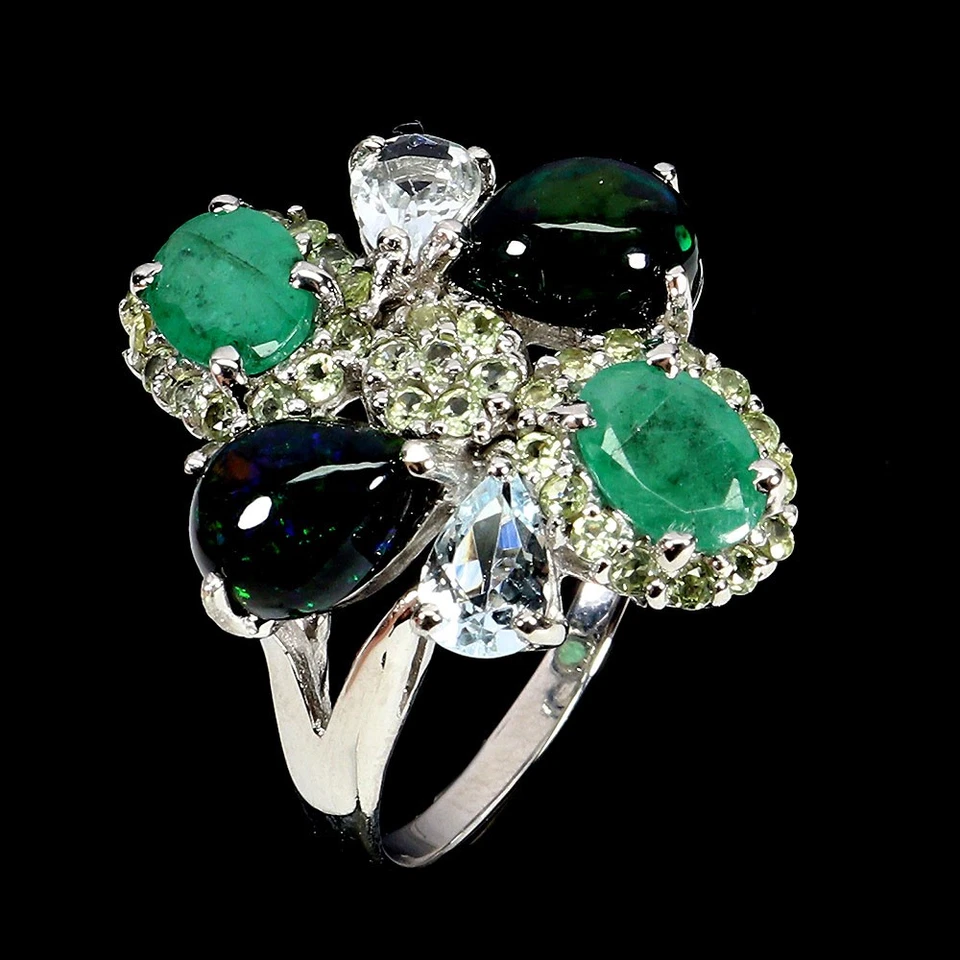925 Sterling Silber Ring Per Schwarzopal Aquamarin Smaragd Peridot Edelstein 8.5 - Bild 2 von 4