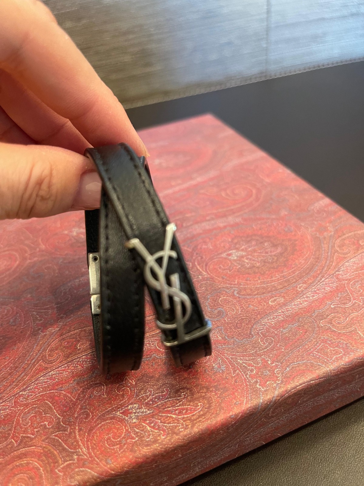 Silver Saint Laurent Opyum Double Wrap Leather Bracelet Size-M
