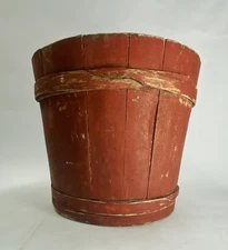 Antique primitive staved New England sap sugaring bucket Bittersweet red paint