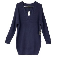 Express Navy Blue Sweater Dress S Pullover V-Neck Long Sleeve Shaker Knit NEW
