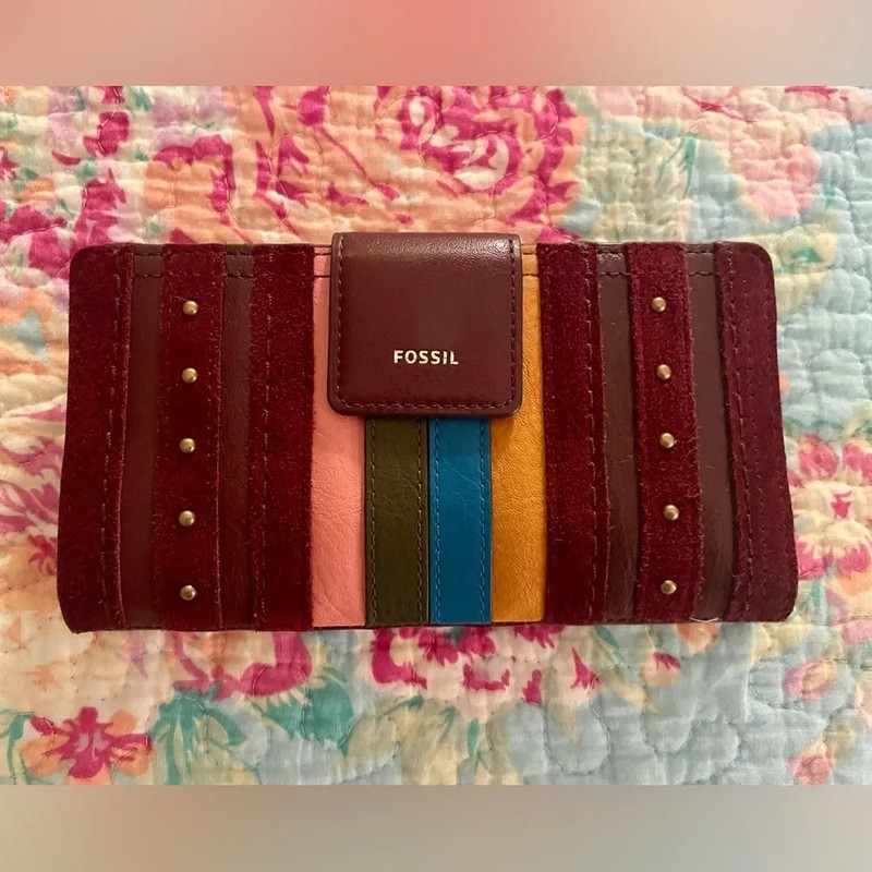 Fossil Logan Multicolor Strip Leather Burgundy Studded Clutch Wallet CLEAN