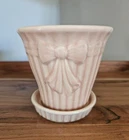 Vtg Shawnee Pottery Ribbed Flower Pot w Bow & Attached Saucer 4.5” Planter 1940s