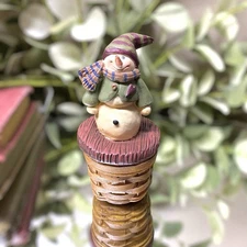 Suzi Skoglund Trinket Box Snowman On Round Basket With Green Coat Blossom Bucket