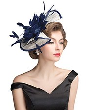 Z X Sinamay Hat Floral Feather Pillbox 006a Navy Blue and White Fascinator