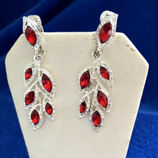 Vintage Drop/Dangle Silver Tone Scarlet Marquise Rhinestones Earring Elegant EUC