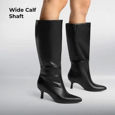 Women Low Kitten Heel Pointed Toe Pull On Wide Calf Knee High Boots