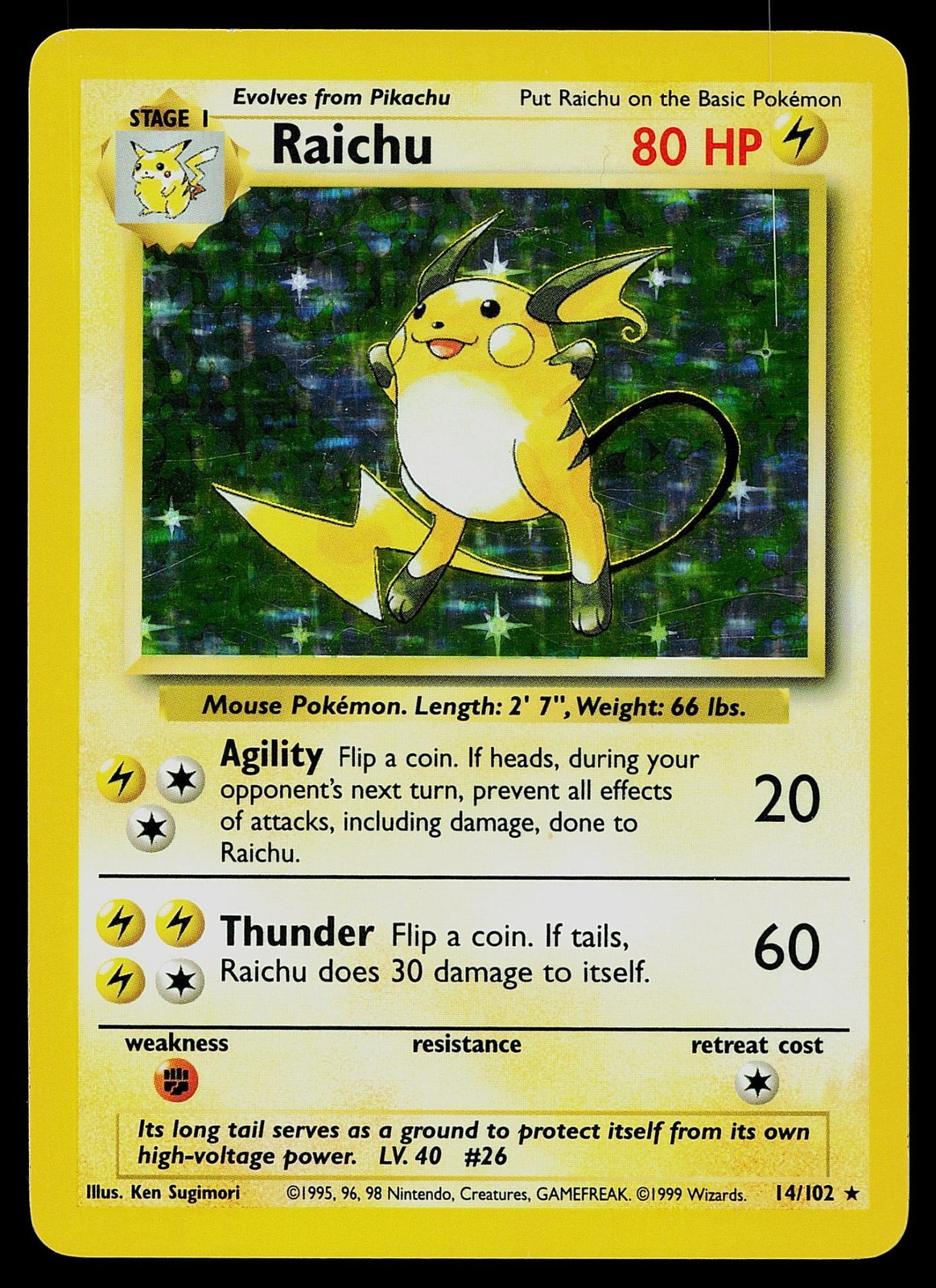 Pokemon Card - Raichu Base Set Unlimited 14/102 Holo Holo Rare