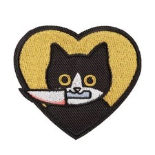 Cute Black Cat with Knife - Heart Embroidered Iron-On Patch