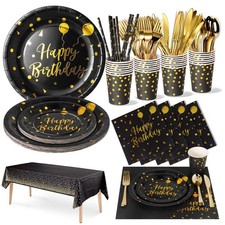 161 PCS Black Gold Birthday Party Tableware Set Plates Napkins Serve 20