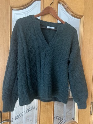 Gallery Damen grüner Pullover, Gr. S, Rundhals, U-Ausschnitt bis Saum, lockere Passform
