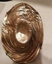 Vintage Art Nouveau Mucha Maiden W/Iris Flower  Oval Brass Tray 