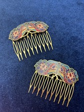 Cloisonne Butterfly Enamel Hair Comb Accessory Set Decorative Gold Tone