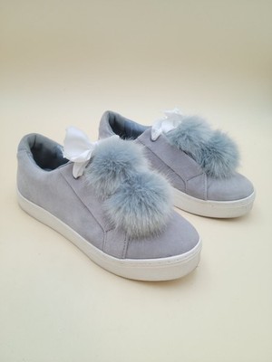 Sam Edelman Leyla Women's 8.5 M Gray Suede Platform Sneakers Faux Fur Pom Poms