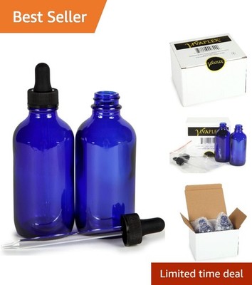 Classic 4 oz Cobalt Blue Glass Bottles with Black Caps & Eye Droppers, 2 Pack