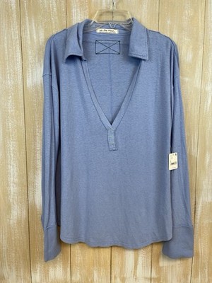 NWT Free People Size L Raina Johnny Collar Hemp Top Periwinkle Blue Long Sleeve