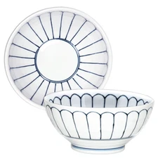 Japanese Ramen Noodle Rice Soup Bowl 7.25"D Porcelain Blue Lines Made in Japan