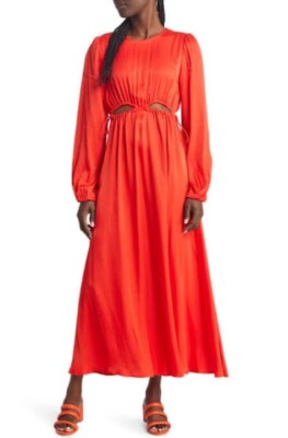 Farm Rio Ruched Cutout Long Sleeve Satin Maxi Dress Red S | eBay