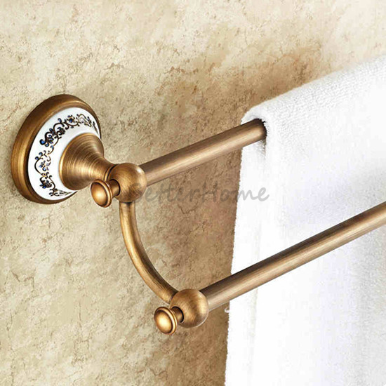 Antique Brass Ceramic Bathroom Towel Rack Bar Holder Double Rail Towel ...