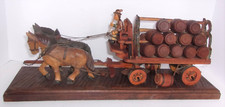 Vintage Germany Black Forest HAND CARVED BEER WAGON w/Horses, Driver & Kegs 19"