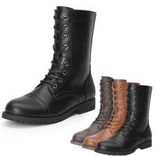 Women Low Heel Round Toe Lace Up Mid Calf Boots Side Zipper Combat Boots