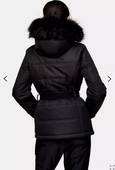 Topshop SNO Ski Jacket Size 8 Black Faux Fur Hood Long Sleeve Belt Snow Women's image 2