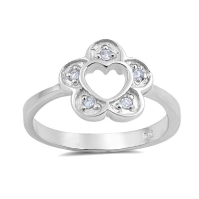 Sterling Silver Flower Heart Cutout Ring With CZ - Sizes 5 To 9