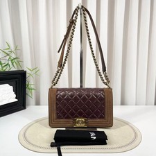 Chanel Boy Medium Flap Bag Burgundy Leather Brown Suede Aged Gold Hardware  Auth