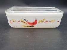 RARE Fire King Red Distelfink Bird Casserole w/ Lid