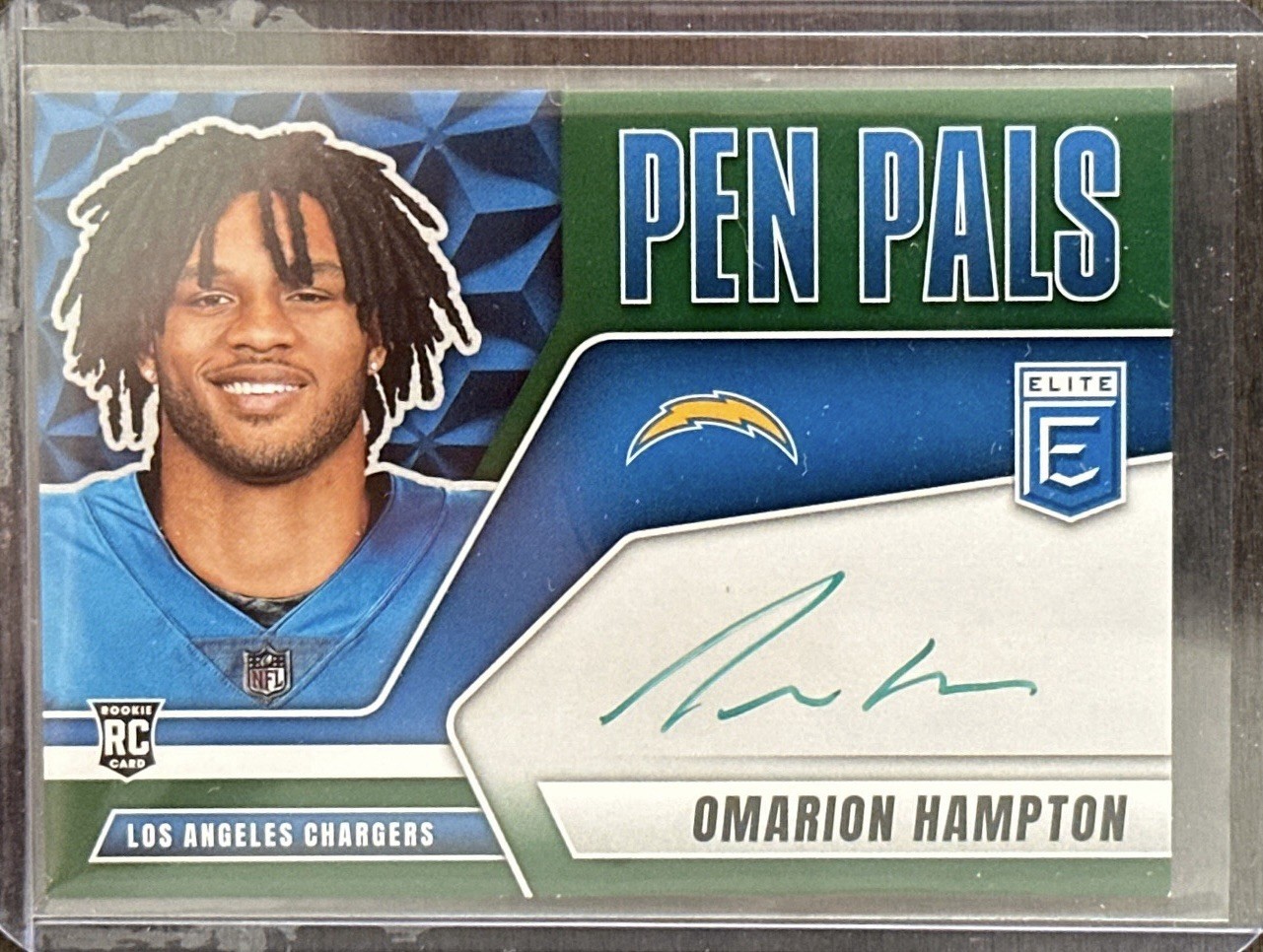 2025 Donruss Elite Omarion Hampton Pen Pals Green Ink SSP Chargers