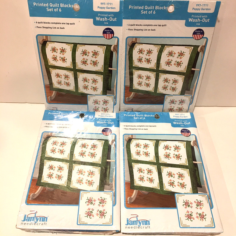 Janlynn Poppy Garden Quilt Block Set Stamped Embroidery Cross Stitch Lot 4pc Lot