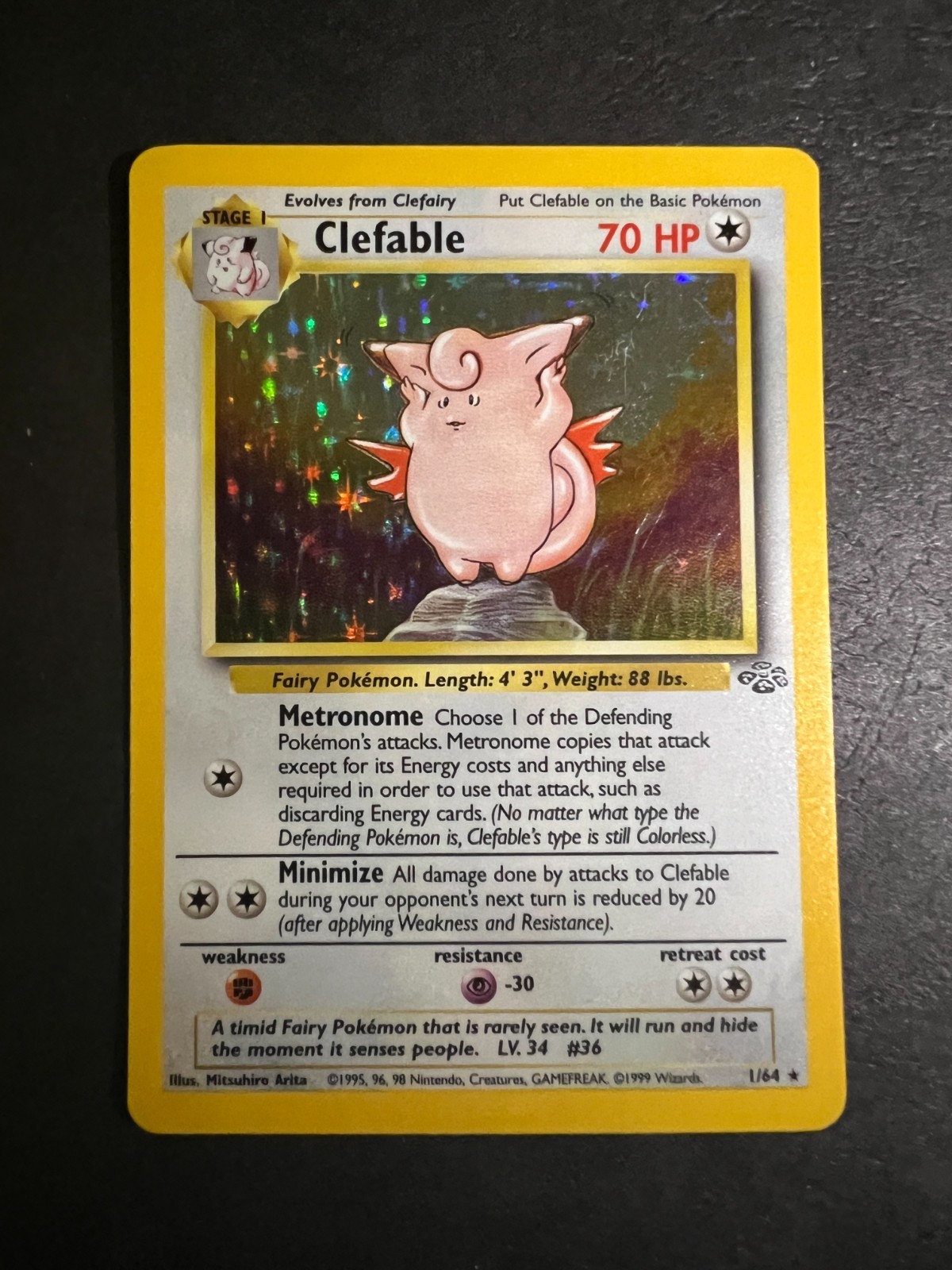 Pokemon Card - Clefable 1/64 - Jungle Set Holo Rare - 1999 WOTC Vintage - LP