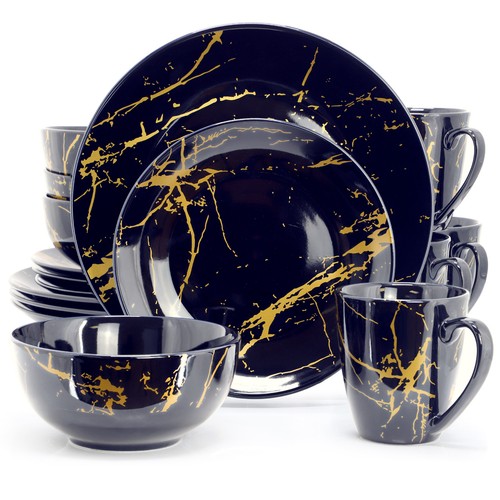Elama Fine Marble 16 Piece Ceramic Dinnerware Set in Dark Blue with Gold Veining - Picture 4 of 6